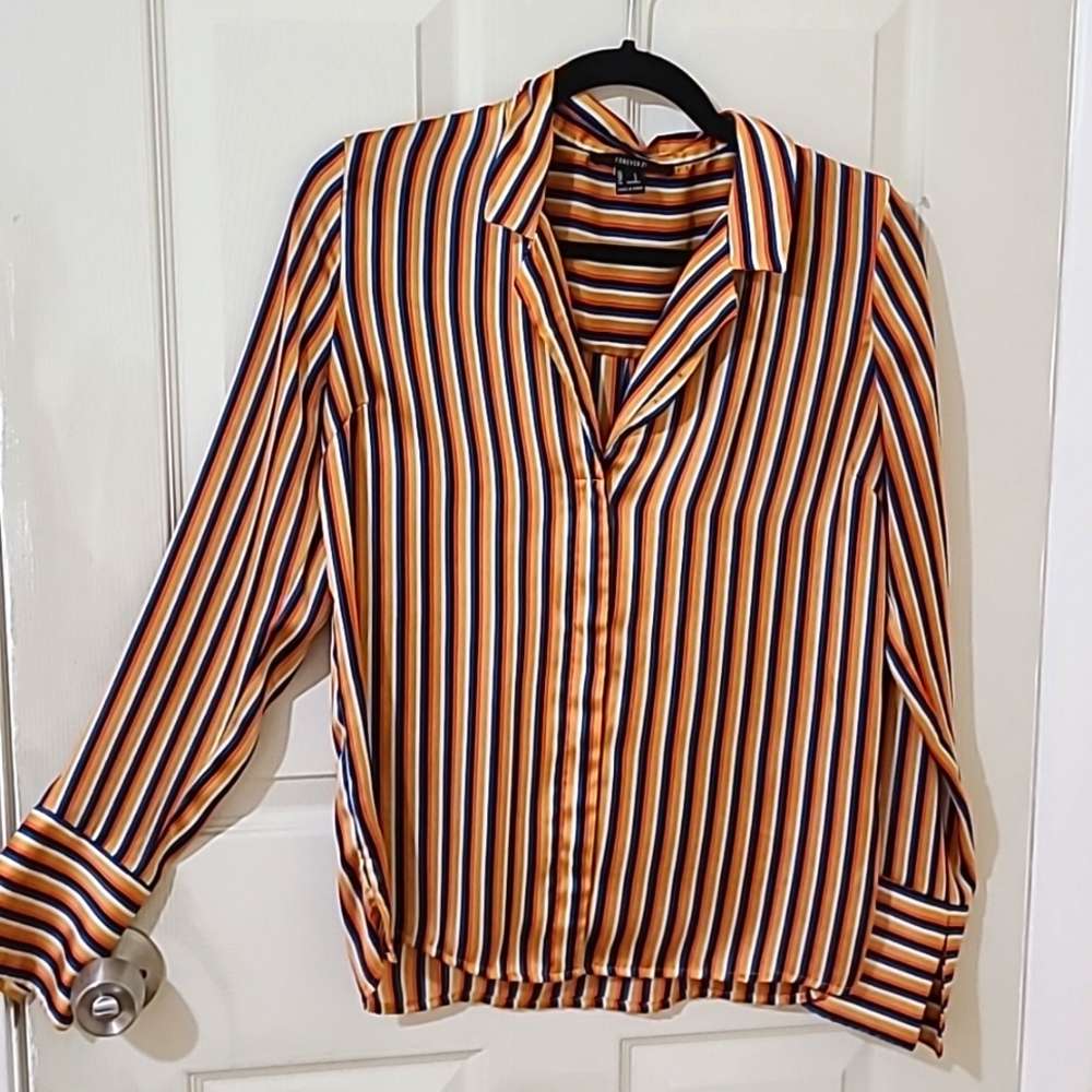Forever 21 Satin Long Sleeve Striped Blouse
